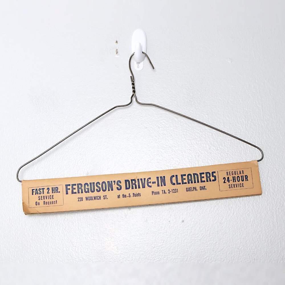 Vintage 60s FERGUSONS DRIVE IN CLEANERS Guelph ON Dry Cleaner Hanger Advertising